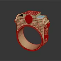 Intricate Carved Ring With Brick Texture Lion Head And Blue Gemstone Details