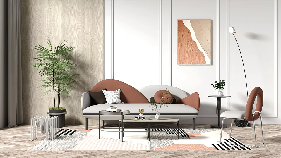 Modern Sofa and Coffee Table Set with Potted Plant Floor Lamp Abstract Painting and Rug 3d model 