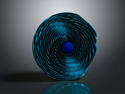 Shiny Blue Coiled Spiral Design With Central Sphere On Gray Background 3d model