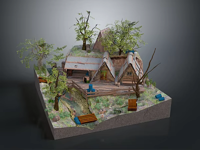 Cartoon Scene With Small Rustic Wooden Houses Surrounded By Trees Grass And Benches 3d model