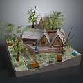 Cartoon Scene With Small Rustic Wooden Houses Surrounded By Trees Grass And Benches
