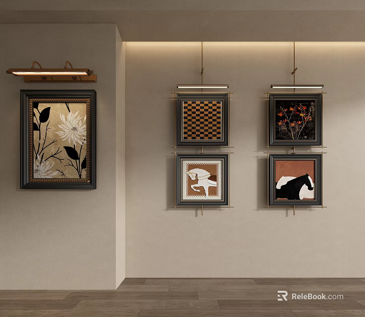 Modern Wall Art With Framed Decorative Paintings Including Floral Geometric And Horse Motifs 3d model 