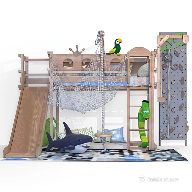 Playful Children's Bunk Bed With Slide Net Ladder And Animal Themed Decor 3d model 