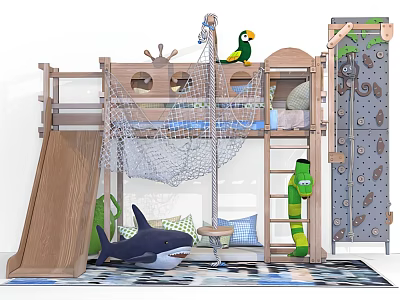 Playful Children's Bunk Bed With Slide Net Ladder And Animal Themed Decor 3d model