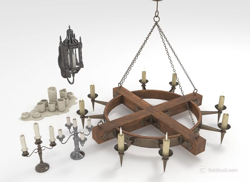 Cross Shaped Wooden Metal Chandelier With Candle Lights And Decorative Lantern Candelabra 3d model 