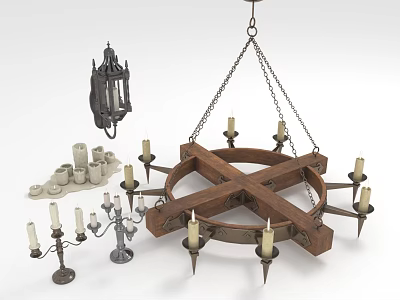 Cross Shaped Wooden Metal Chandelier With Candle Lights And Decorative Lantern Candelabra 3d model