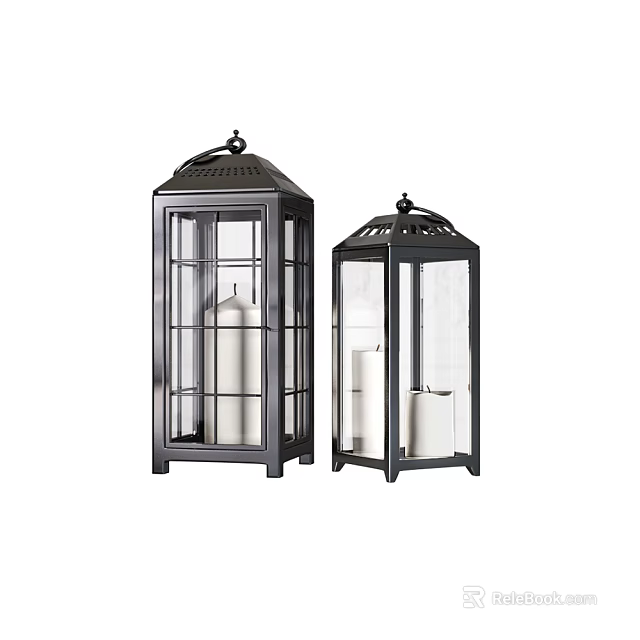 Modern Black Candle Lanterns With Metal Frame Glass Panels And White Candles 3d model 