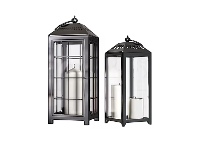 Modern Black Candle Lanterns With Metal Frame Glass Panels And White Candles 3d model