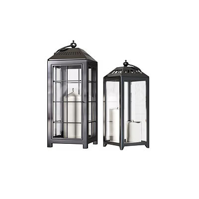 Modern Black Candle Lanterns With Metal Frame Glass Panels And White Candles 3d model