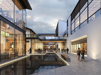 Modern Commercial Street With Glass Facades Open Layout Water Feature and Pedestrians 3d model