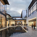 Modern Commercial Street With Glass Facades Open Layout Water Feature and Pedestrians