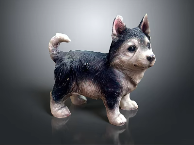 Cute Black And White Puppy Statue With Upright Ears And Curled Tail 3d model