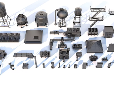 Various Industrial Equipment Components With Water Tanks Pipes Ladders And Control Panels 3d model