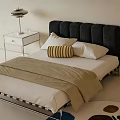 Modern Minimalist Double Bed With Black Tufted Headboard White Sheets And Beige Blanket