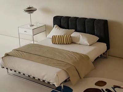 Modern Minimalist Double Bed With Black Tufted Headboard White Sheets And Beige Blanket 3d model