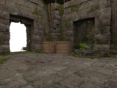 Ancient Stone Ruins With Arched Doorways Overgrown Vines Wooden Crates And Mossy Floor 3d model