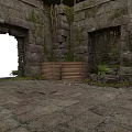 Ancient Stone Ruins With Arched Doorways Overgrown Vines Wooden Crates And Mossy Floor