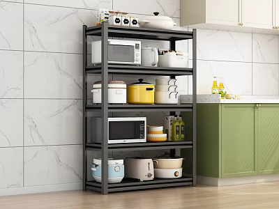 Kitchen Shelf with Microwave Containers in Modern Kitchen with White Wall and Green Cabinets 3d model
