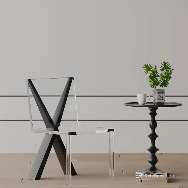 Transparent Dining Chair With Black V Shaped Frame And Small Round Table With Green Plant 3d model 