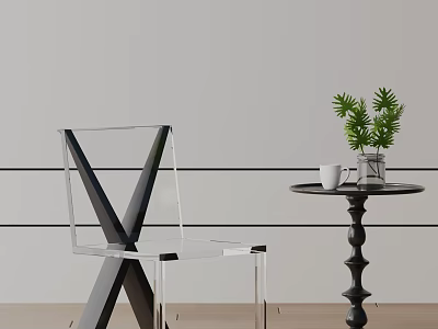 Transparent Dining Chair With Black V Shaped Frame And Small Round Table With Green Plant 3d model