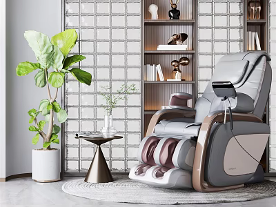Modern Stylish Massage Chair in Cozy Lounge with Green Plant Small Table and Grid Wall 3d model