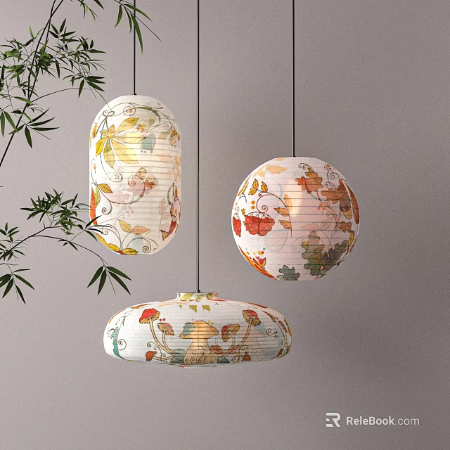 Colorful Paper Lantern Pendant Lights With Leaves Flowers Patterns And Bamboo Decoration 3d model 