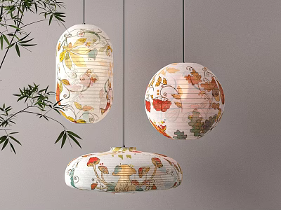 Colorful Paper Lantern Pendant Lights With Leaves Flowers Patterns And Bamboo Decoration 3d model