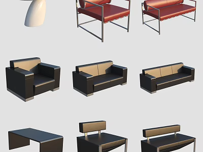 Modern Sofa And Coffee Table Set With Black Brown Red Seats And Metal Frames 3d model