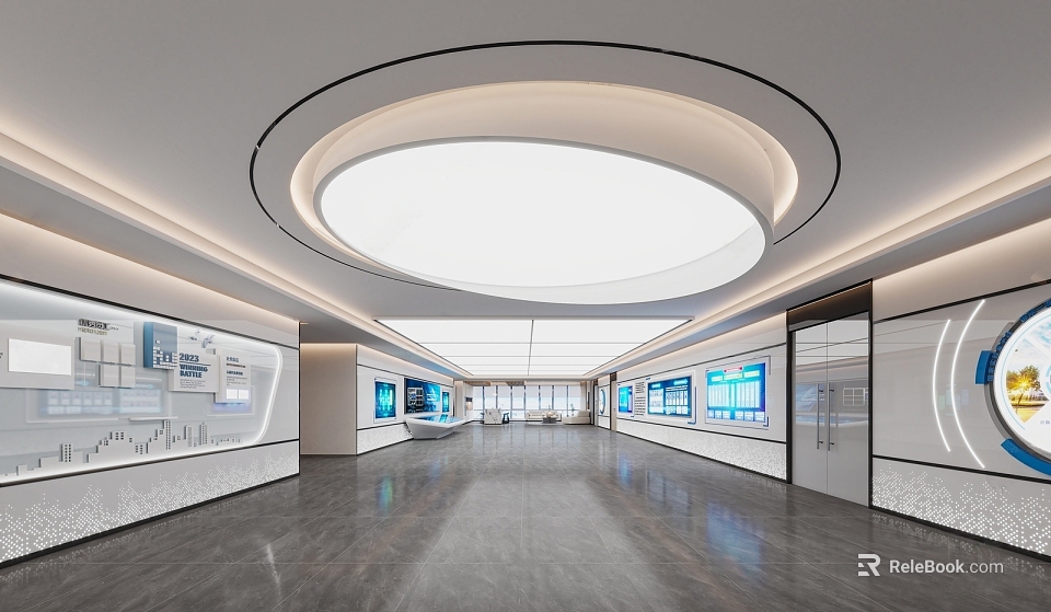 Modern Exhibition Hall Interior With Circular Ceiling Lighting Blue Display Screens And Gray Flooring 3d model 