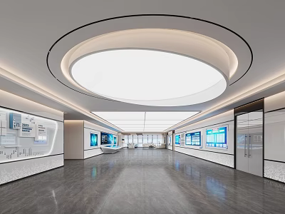 Modern Exhibition Hall Interior With Circular Ceiling Lighting Blue Display Screens And Gray Flooring 3d model