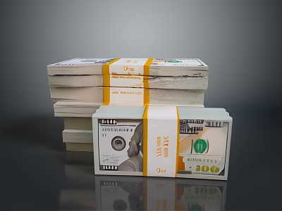Stacks of 200 Dollar Bills Bundled with Yellow Tape on Gray Surface 3d model