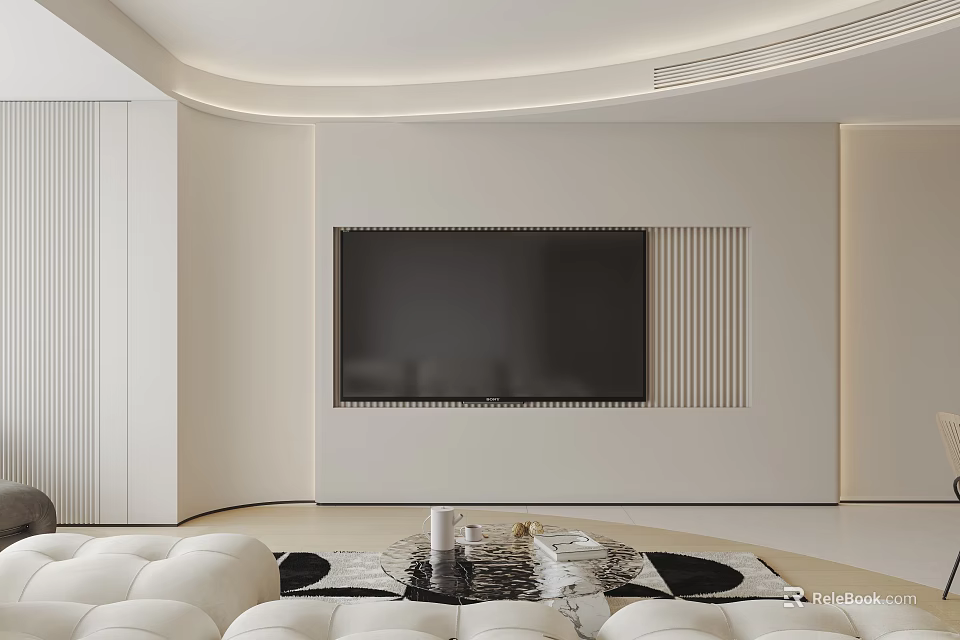 Modern Living Dining Room Interior With TV Wall Sofa And Decorative Round Rug 3d model 