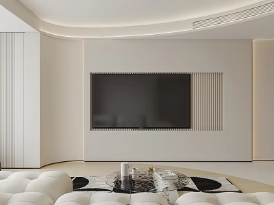 Modern Living Dining Room Interior With TV Wall Sofa And Decorative Round Rug 3d model