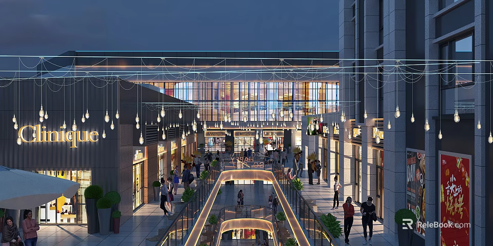 Bustling Evening Commercial Street with Shoppers Stores Hanging Lights Glass Facades and Green Plants 3d model 
