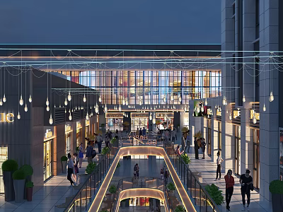 Bustling Evening Commercial Street with Shoppers Stores Hanging Lights Glass Facades and Green Plants 3d model