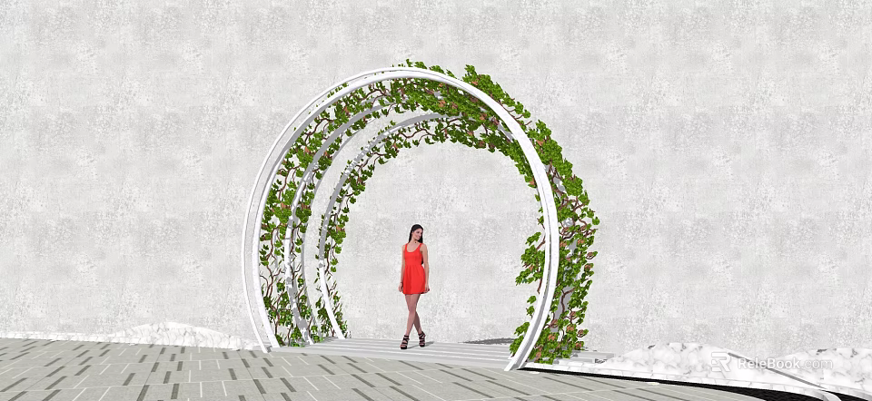 Outdoor White Arched Pergola Covered With Green Vines And Woman Standing Under 3d model 