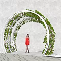 Outdoor White Arched Pergola Covered With Green Vines And Woman Standing Under