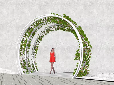 Outdoor White Arched Pergola Covered With Green Vines And Woman Standing Under 3d model