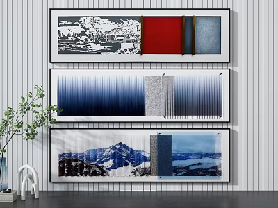 Modern Wall Art Decor with Three Framed Paintings and Green Plant 3d model