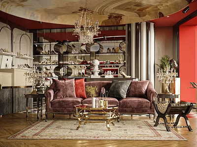 Luxury Home Decor Store Interior With Purple Velvet Sofa Crystal Chandelier Coffee Table And Decorative Shelves 3d model