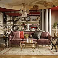 Luxury Home Decor Store Interior With Purple Velvet Sofa Crystal Chandelier Coffee Table And Decorative Shelves