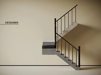 Modern Designer Staircase With Black Railings And Gray Steps On Beige Wall 3d model