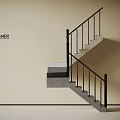 Modern Designer Staircase With Black Railings And Gray Steps On Beige Wall