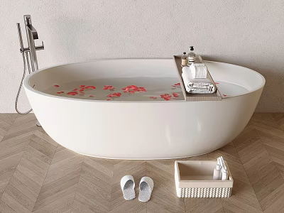 White Oval Bathtub With Rose Petals Bath Products Slippers And Storage Basket On Wooden Floor 3d model
