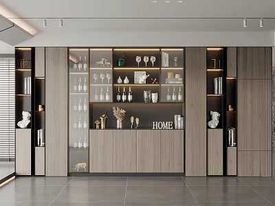 Elegant Modern Wine Cabinet With Glass Doors Lighting And Decorative Wine Glasses Home Accent 3d model