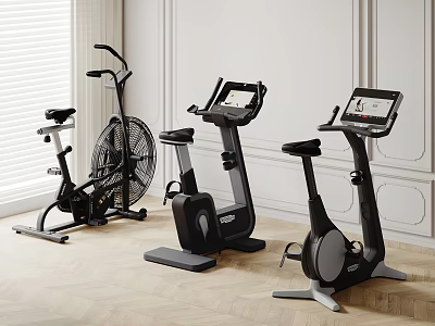 Modern Indoor Fitness Equipment Featuring Air Bike And Stationary Bikes With Digital Screens 3d model