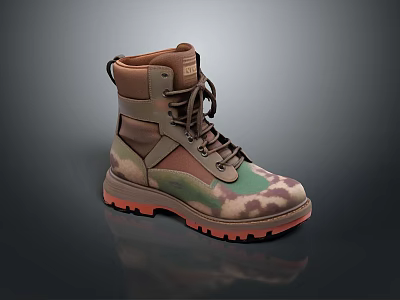 Camouflage Pattern High Top Boots With Brown Upper Green Accents And Orange Soles 3d model