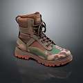 Camouflage Pattern High Top Boots With Brown Upper Green Accents And Orange Soles