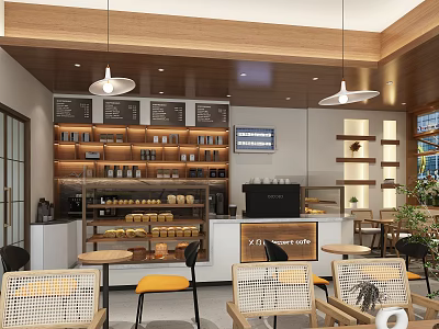 Cozy Modern Dessert Shop Interior With Pastry Displays And Seating 3d model