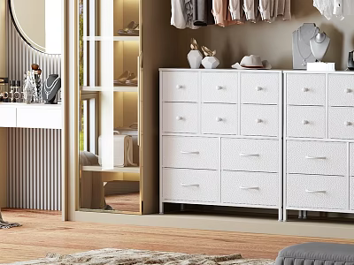 Modern Storage Shelf With White Drawers Hanging Clothes And Decorative Items 3d model